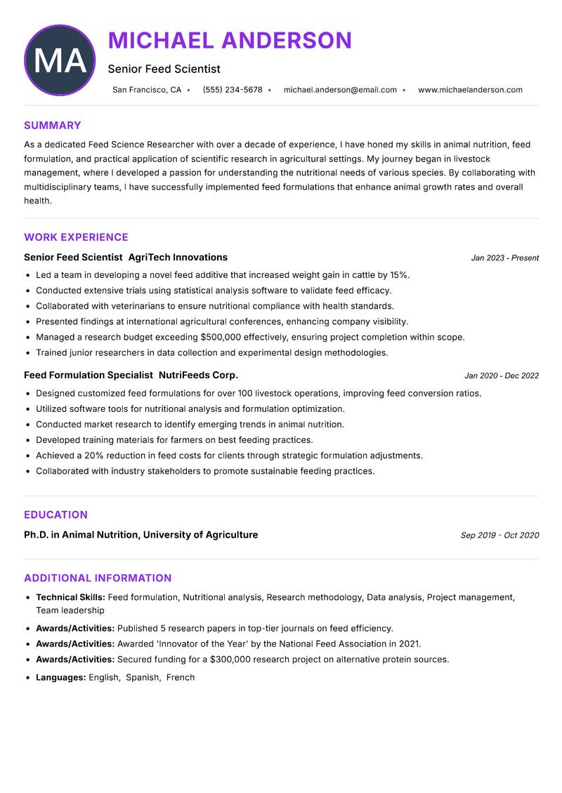 Feed Science Researcher resume example — ATS-friendly template