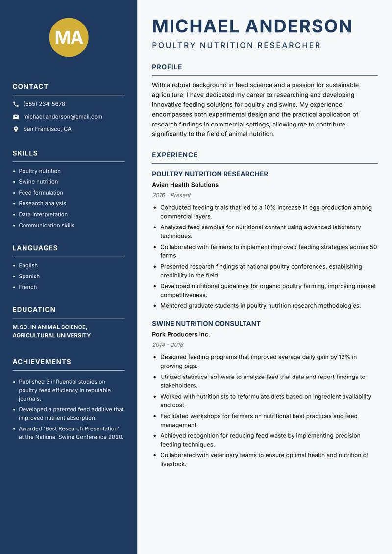 Feed Science Researcher resume template — Classic Clean