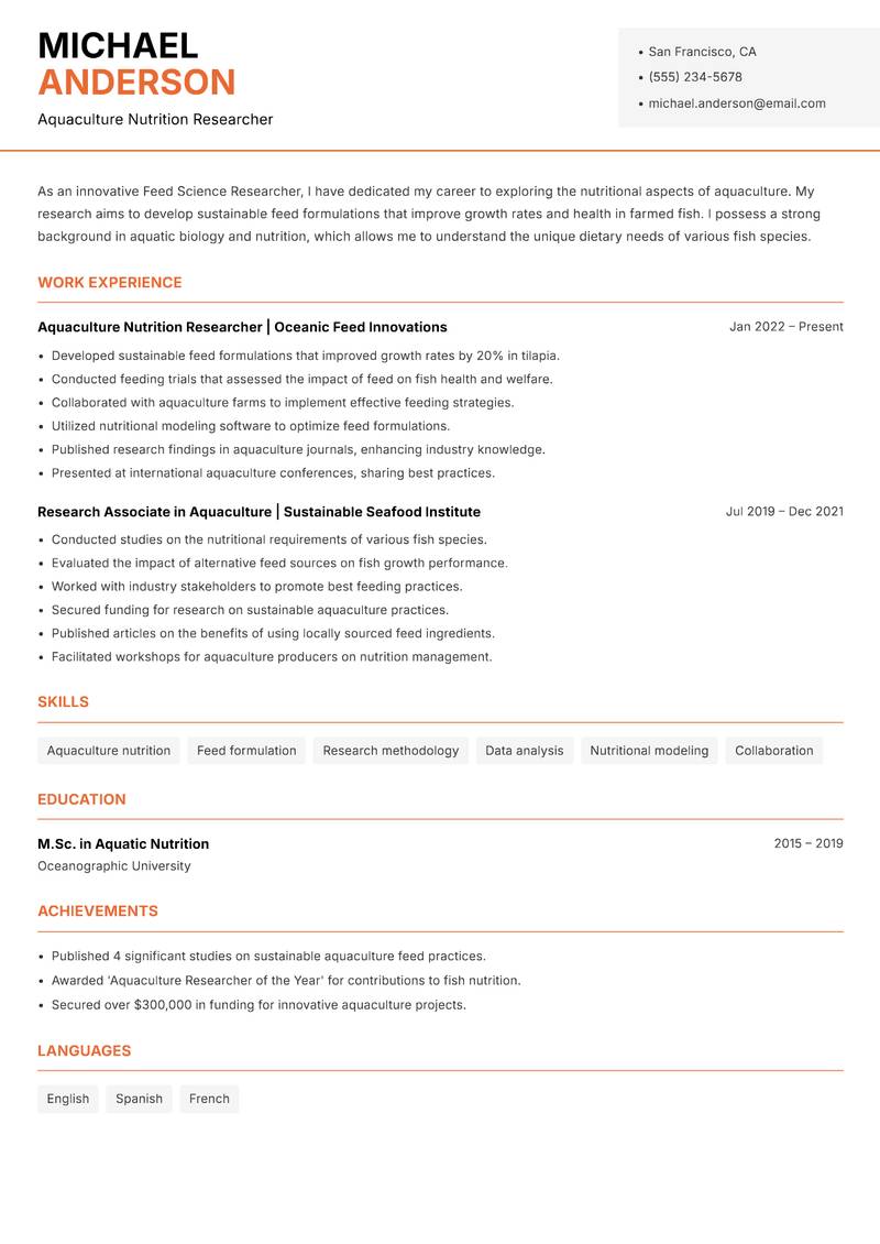 Feed Science Researcher resume template — Modern Professional