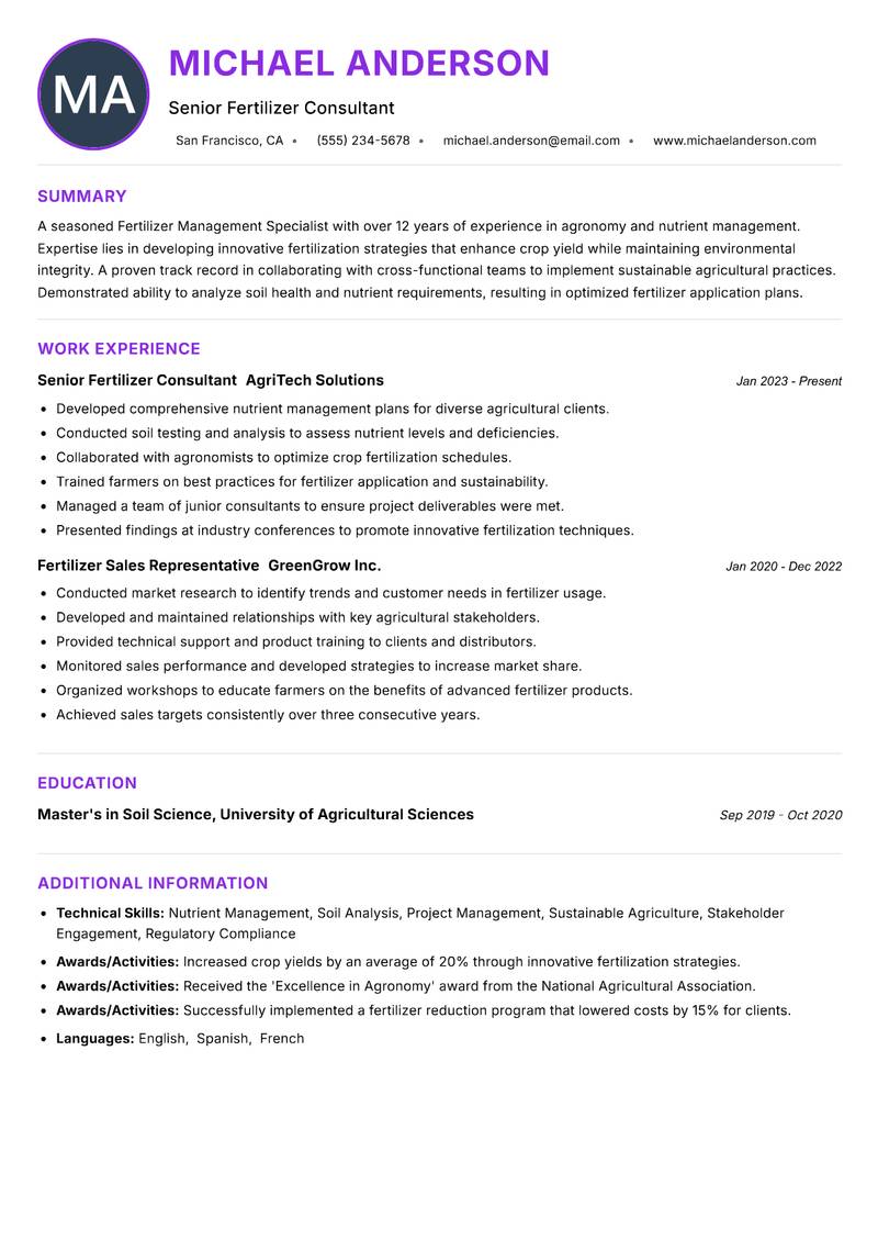 Fertilizer Management Specialist resume example — ATS-friendly template