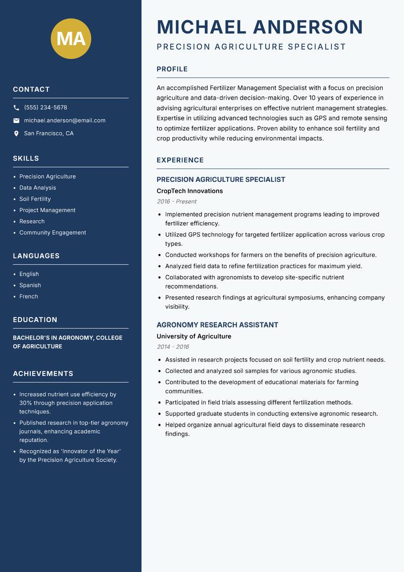 Fertilizer Management Specialist resume template — Classic Clean