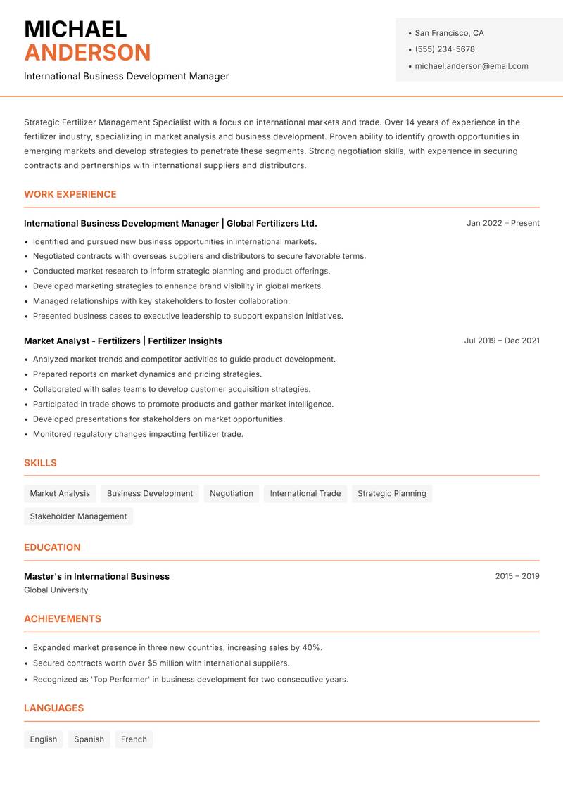 Fertilizer Management Specialist resume template — Modern Professional