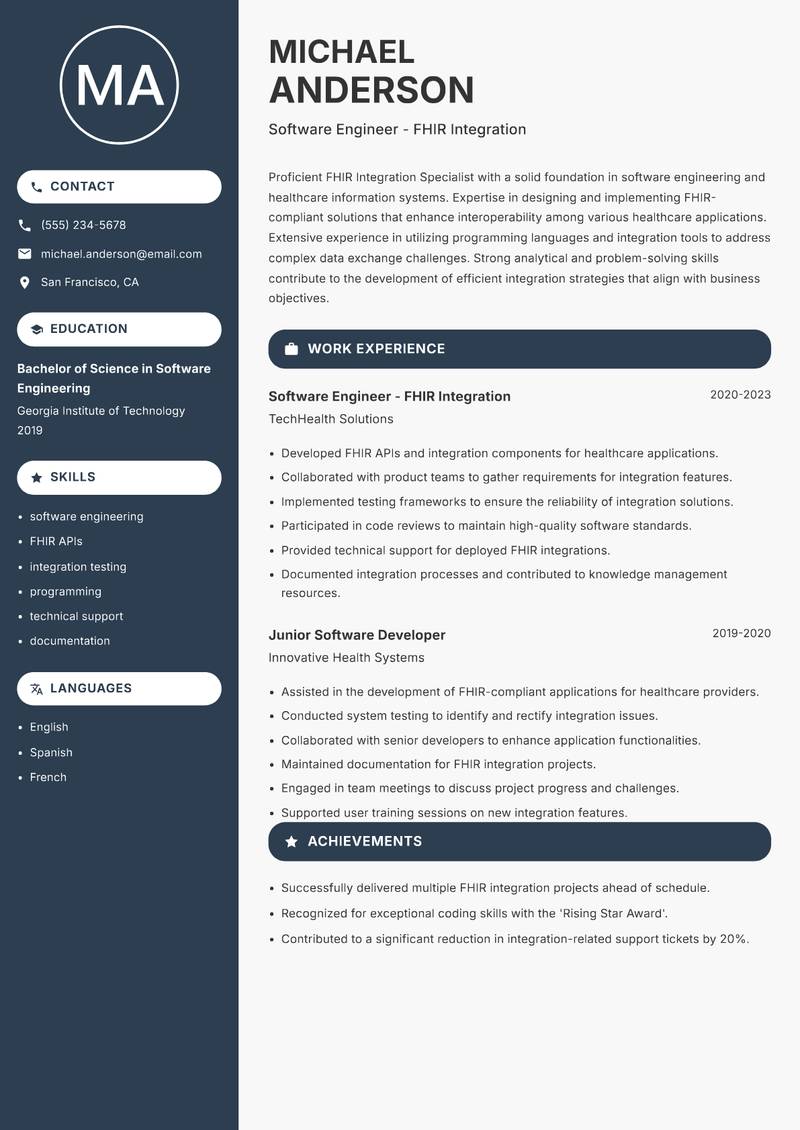 FHIR Integration Specialist resume template — Compact