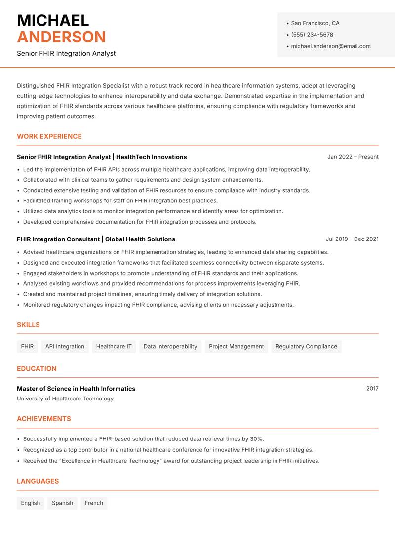 FHIR Integration Specialist resume template — Modern Professional