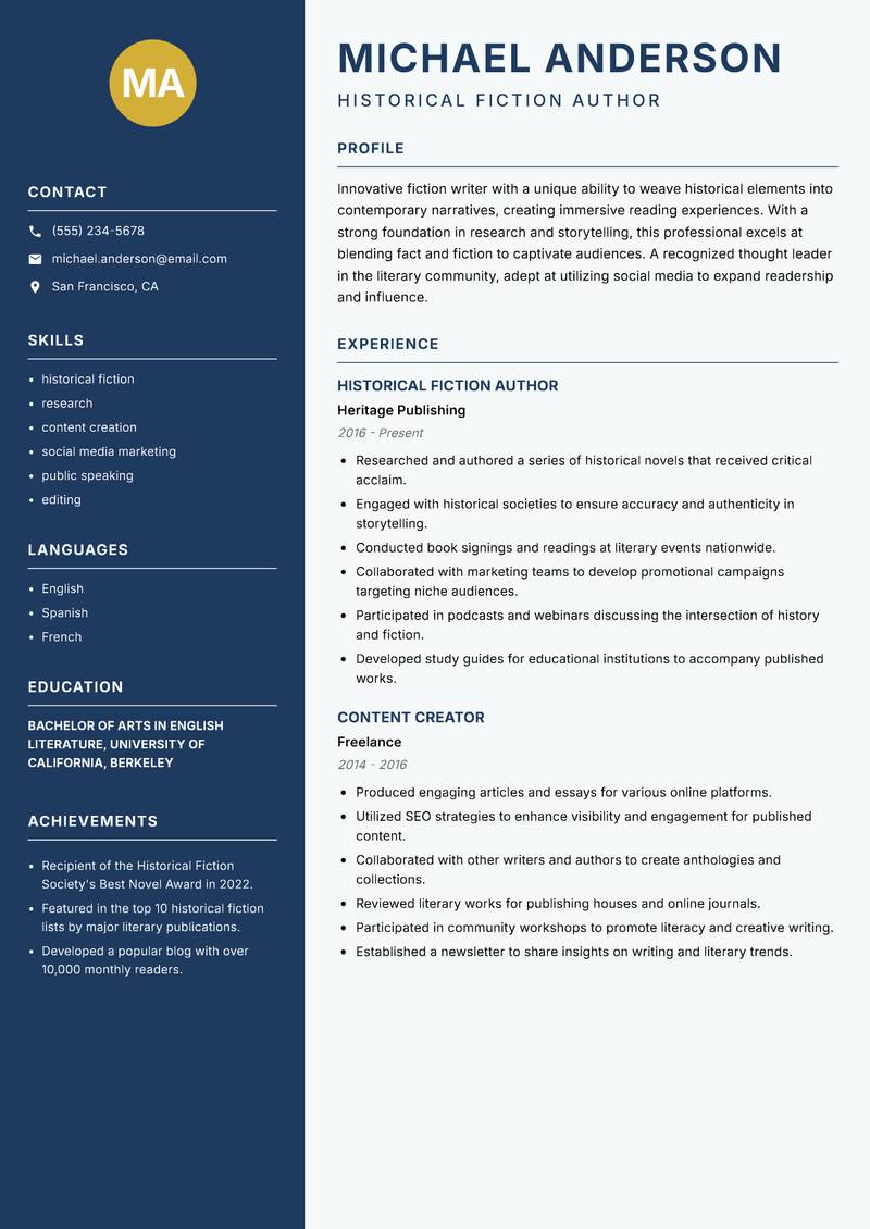 Fiction Writer resume template — Classic Clean