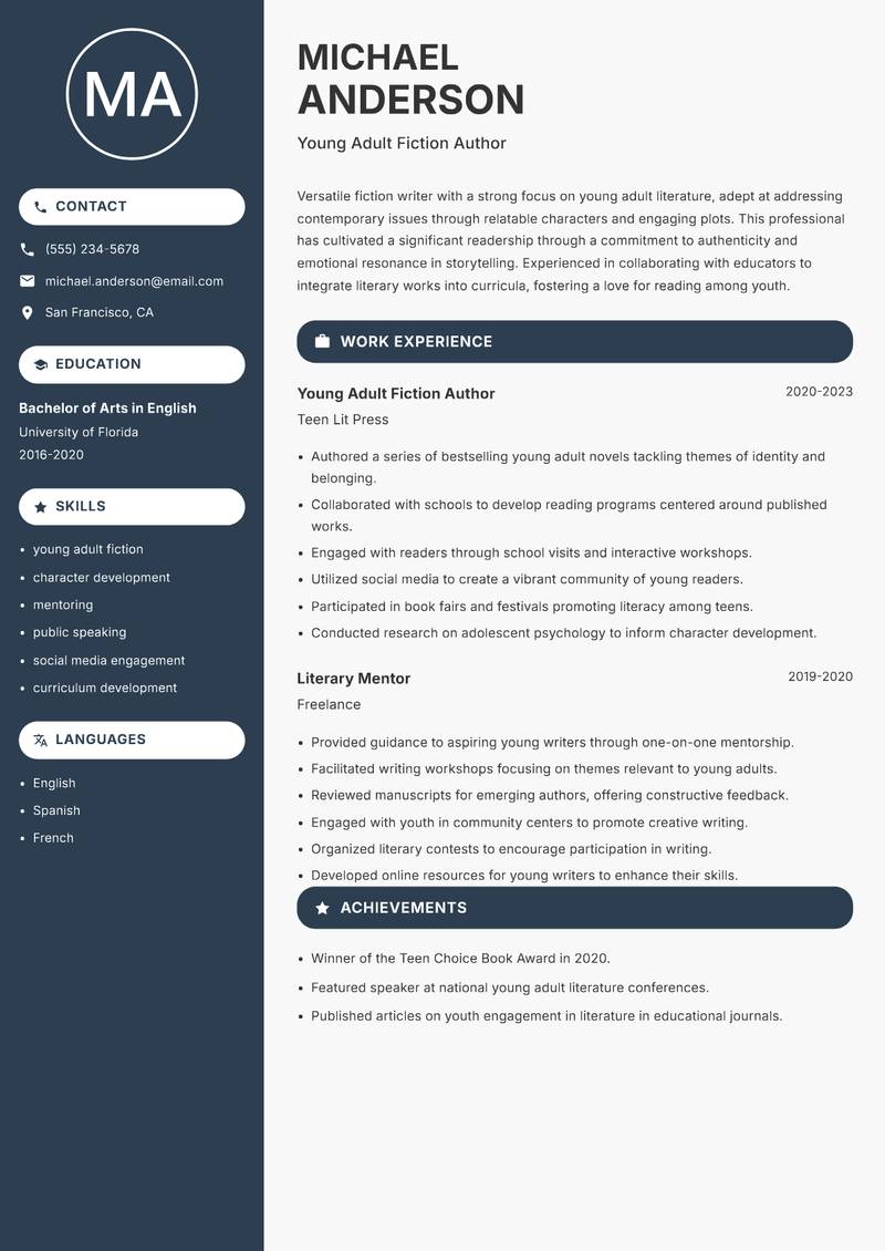 Fiction Writer resume template — Compact
