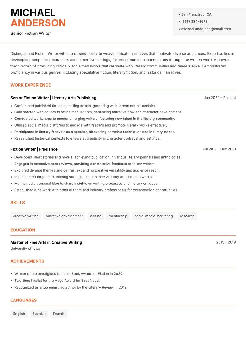 Fiction Writer resume template — Modern Professional