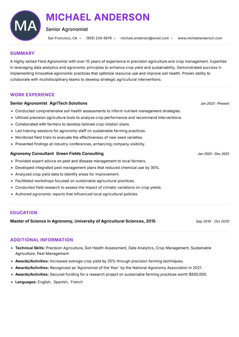 Field Agronomist resume example — ATS-friendly template