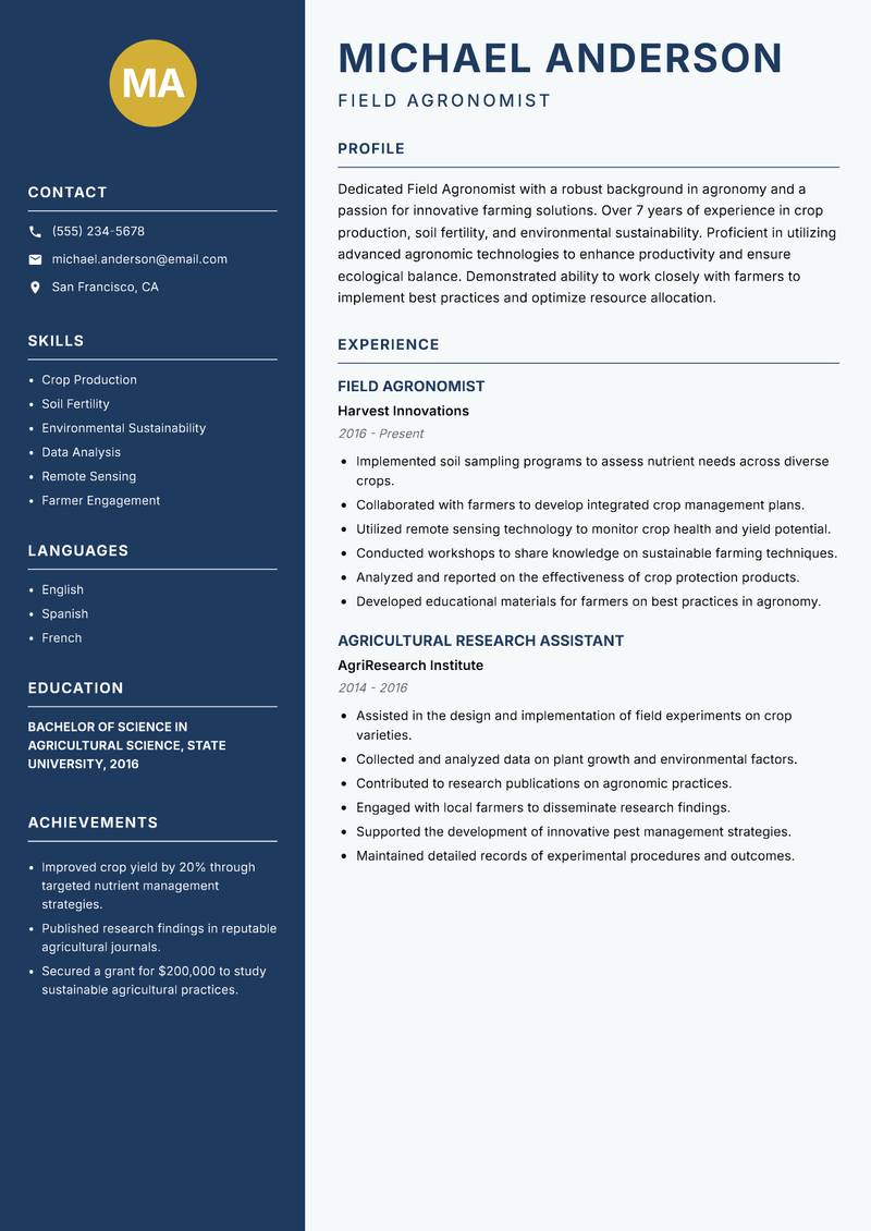 Field Agronomist resume template — Classic Clean
