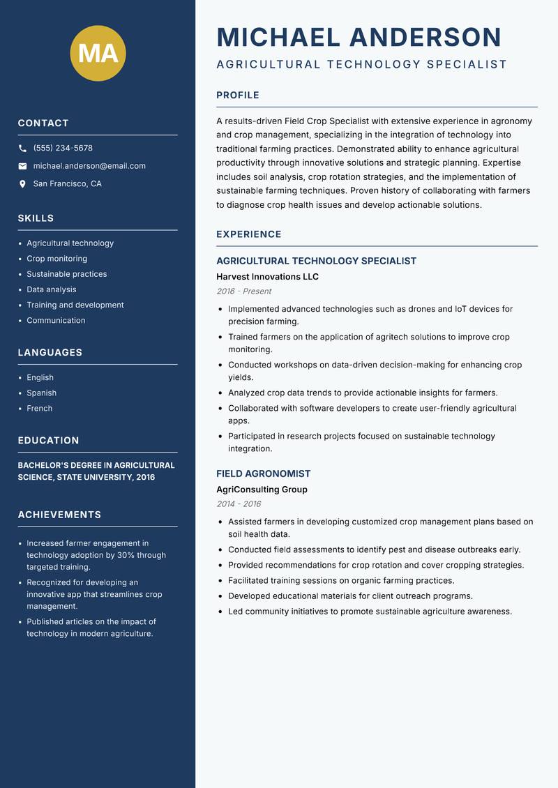 Field Crop Specialist resume template — Classic Clean