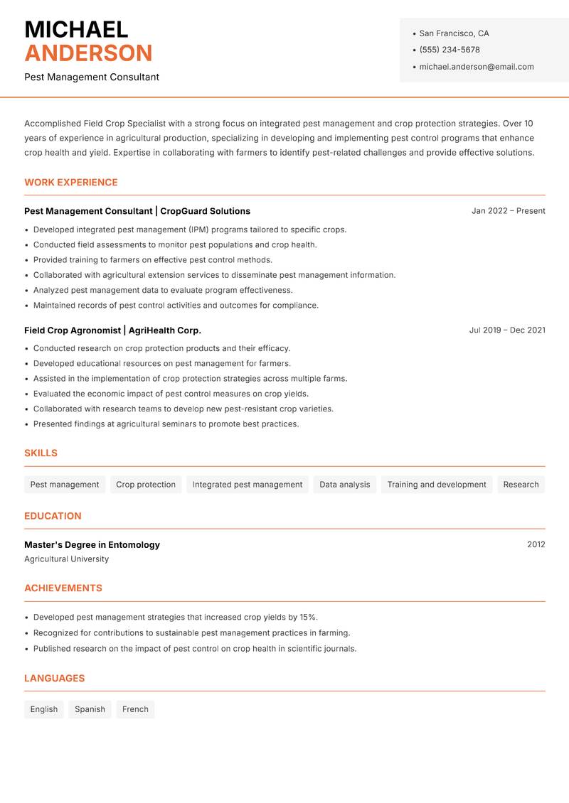 Field Crop Specialist resume template — Modern Professional