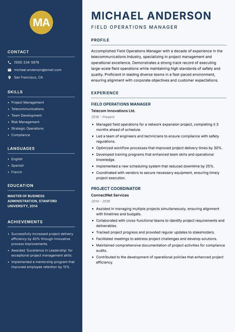 Field Operations Manager resume template — Classic Clean