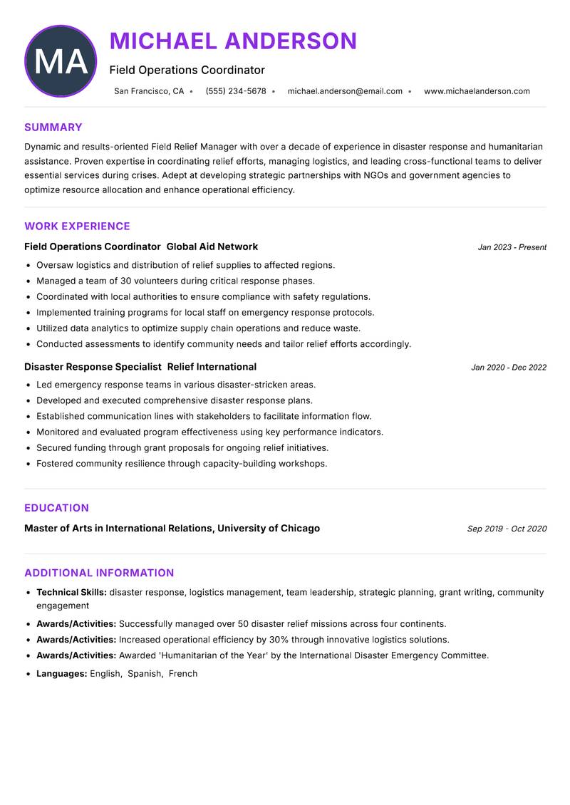 Field Relief Manager resume example — ATS-friendly template