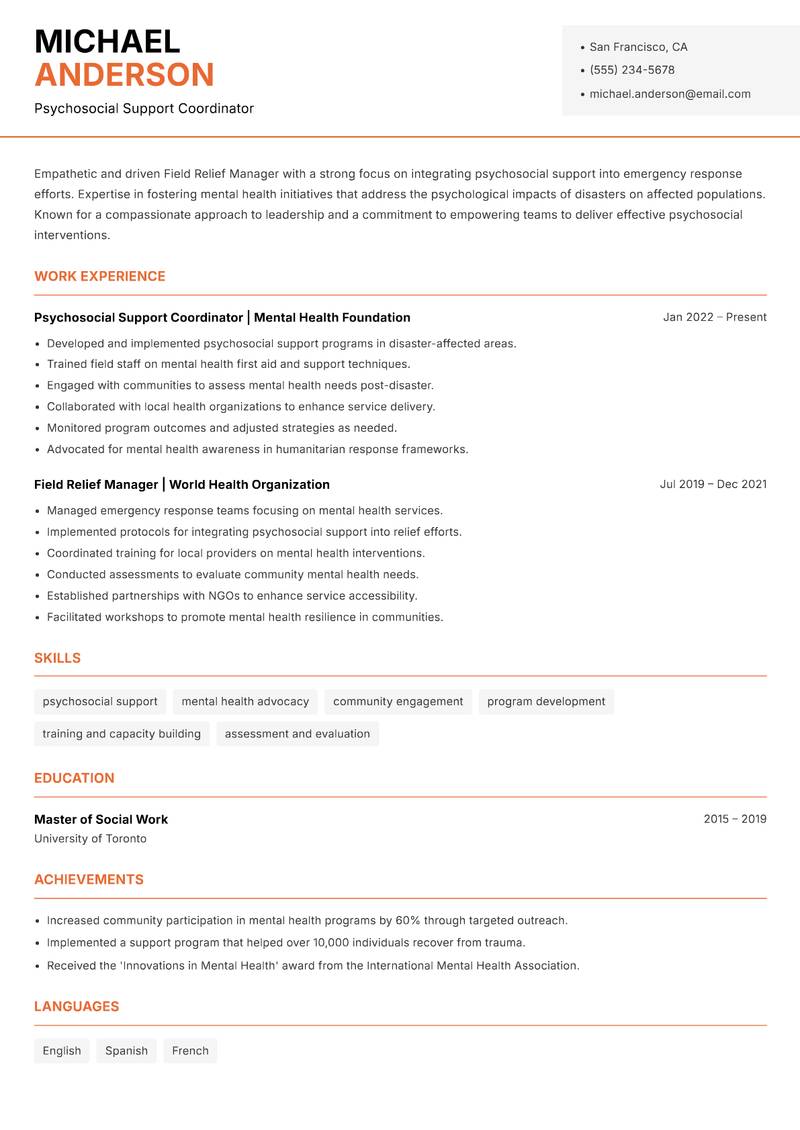 Field Relief Manager resume template — Modern Professional