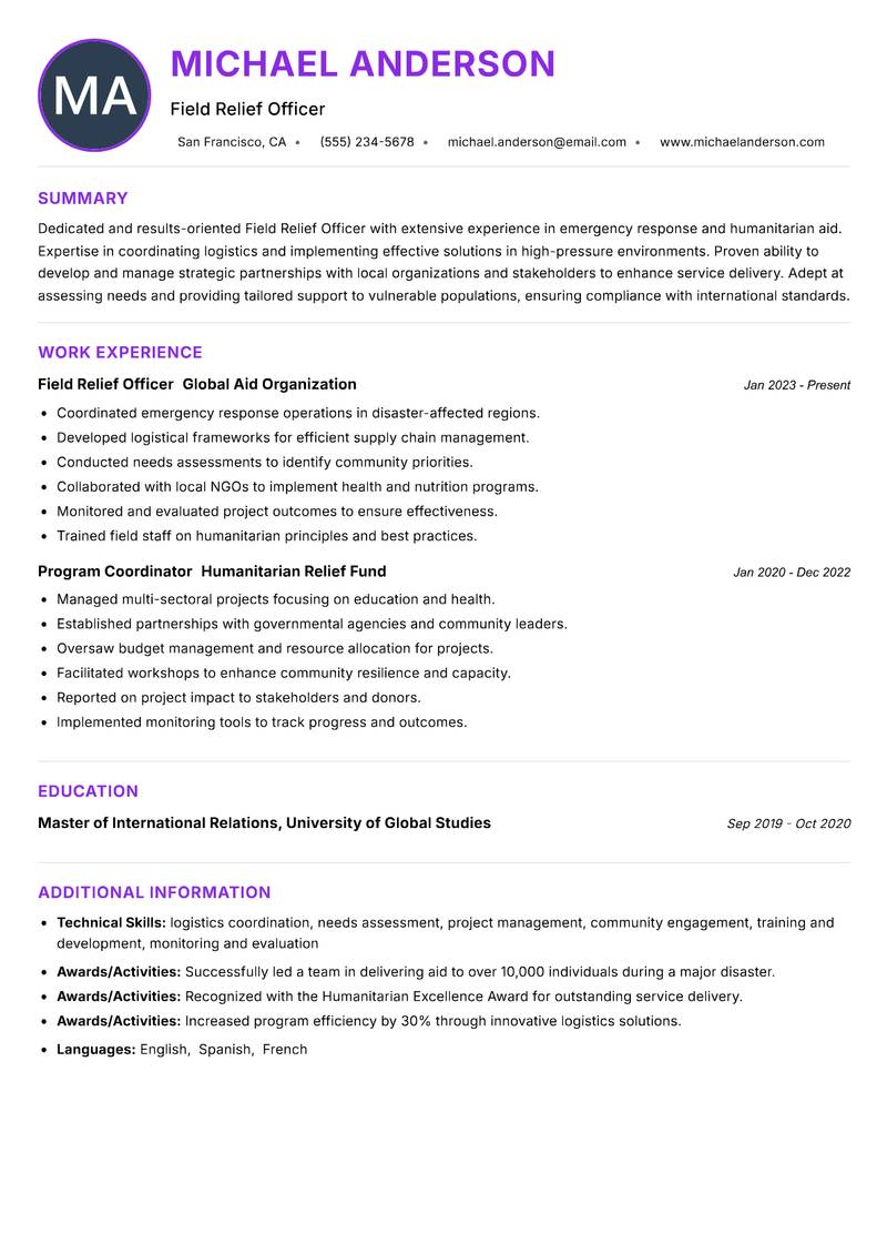 Field Relief Officer resume example — ATS-friendly template