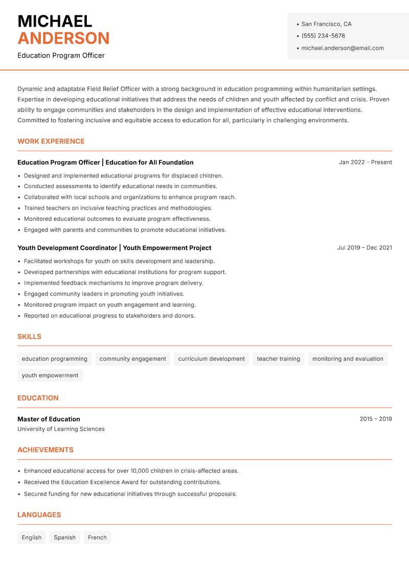 Field Relief Officer resume template — Modern Professional