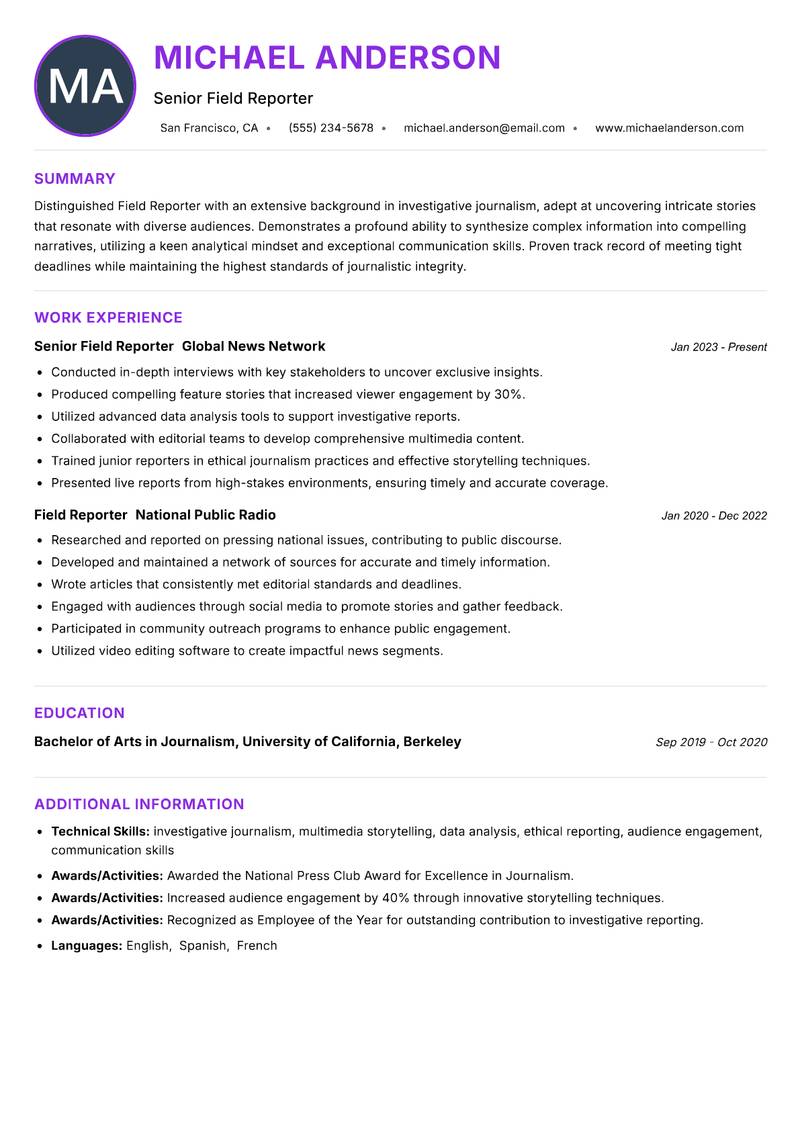 Field Reporter resume example — ATS-friendly template
