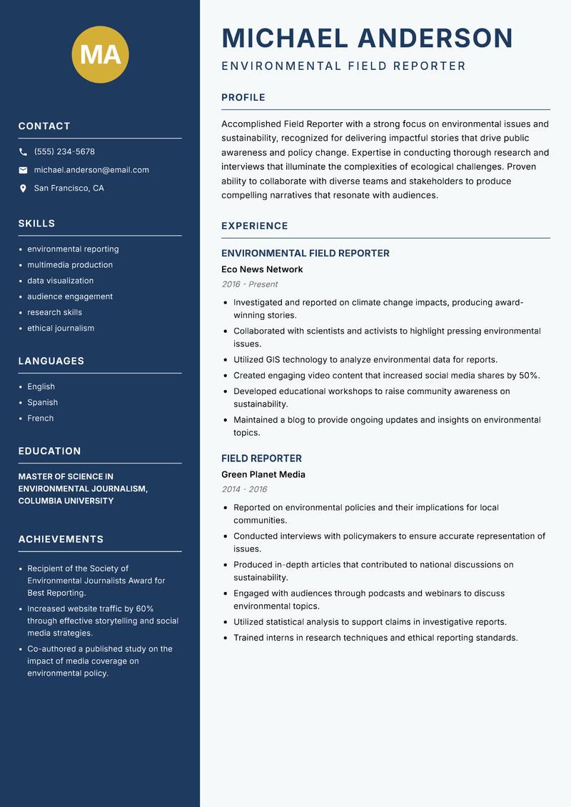Field Reporter resume template — Classic Clean