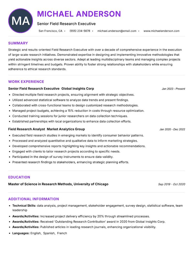 Field Research Executive resume example — ATS-friendly template