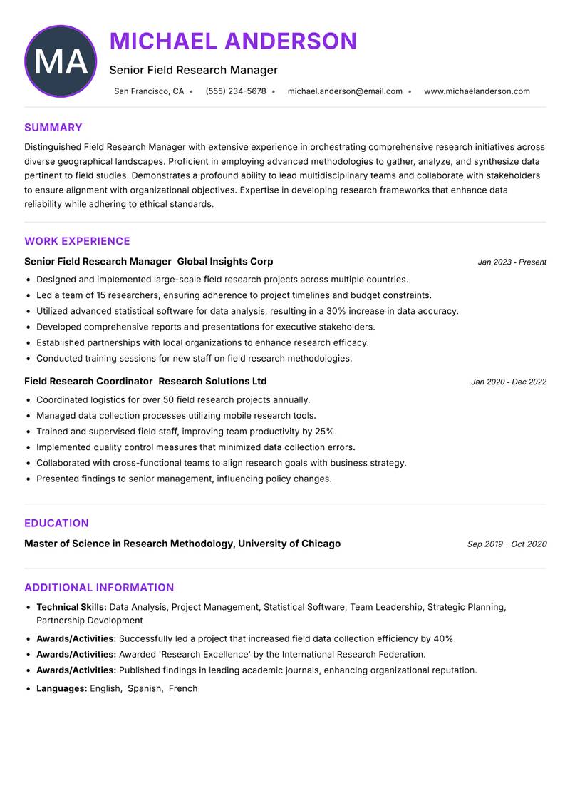 Field Research Manager resume example — ATS-friendly template