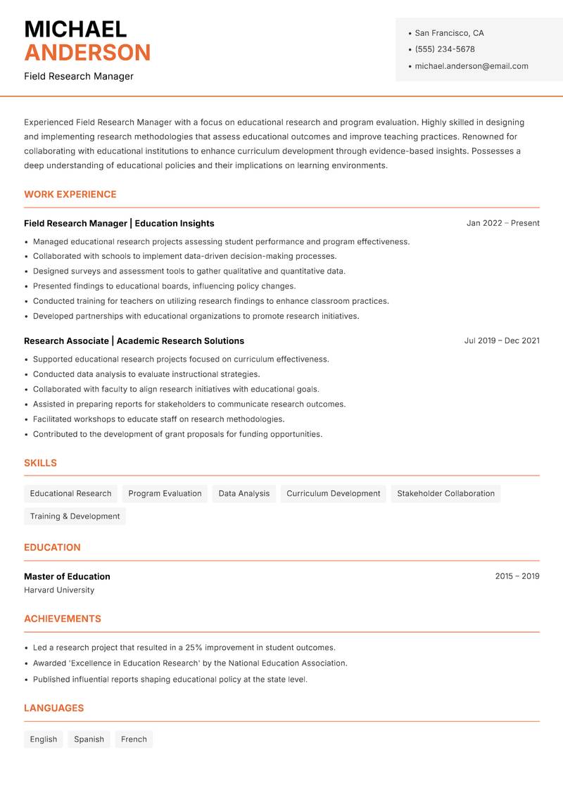 Field Research Manager resume template — Modern Professional