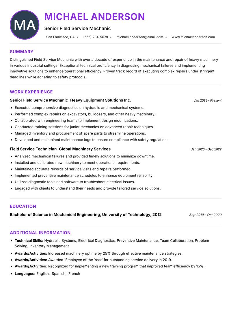 Field Service Mechanic resume example — ATS-friendly template