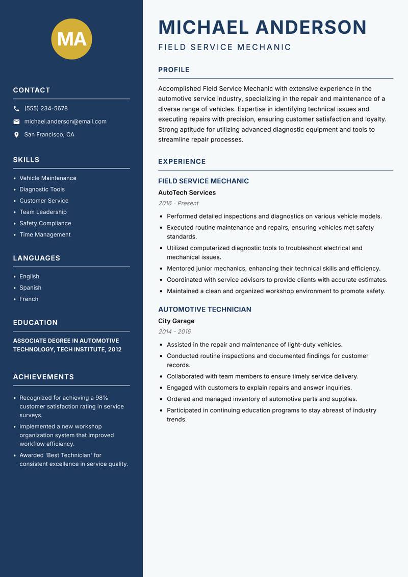 Field Service Mechanic resume template — Classic Clean