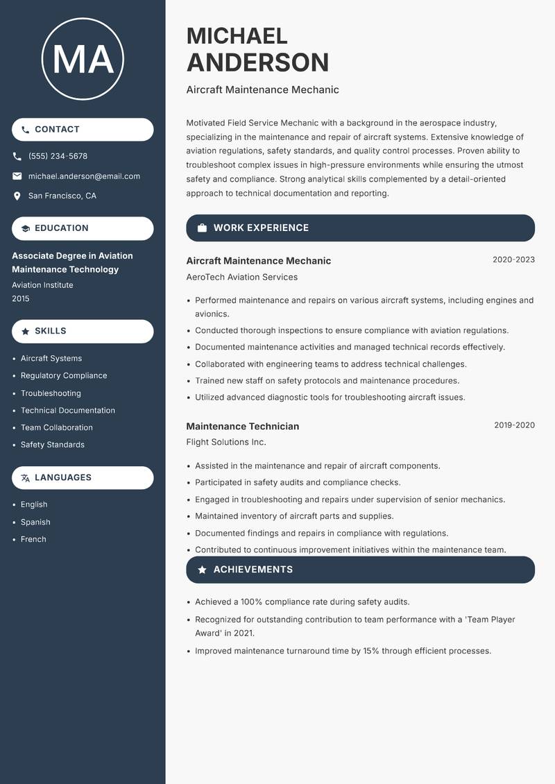 Field Service Mechanic resume template — Compact