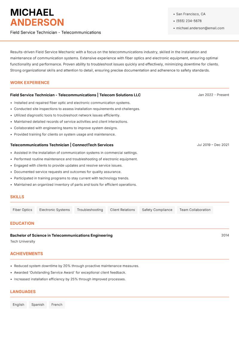 Field Service Mechanic resume template — Modern Professional