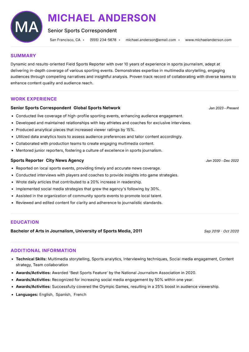 Field Sports Reporter resume example — ATS-friendly template