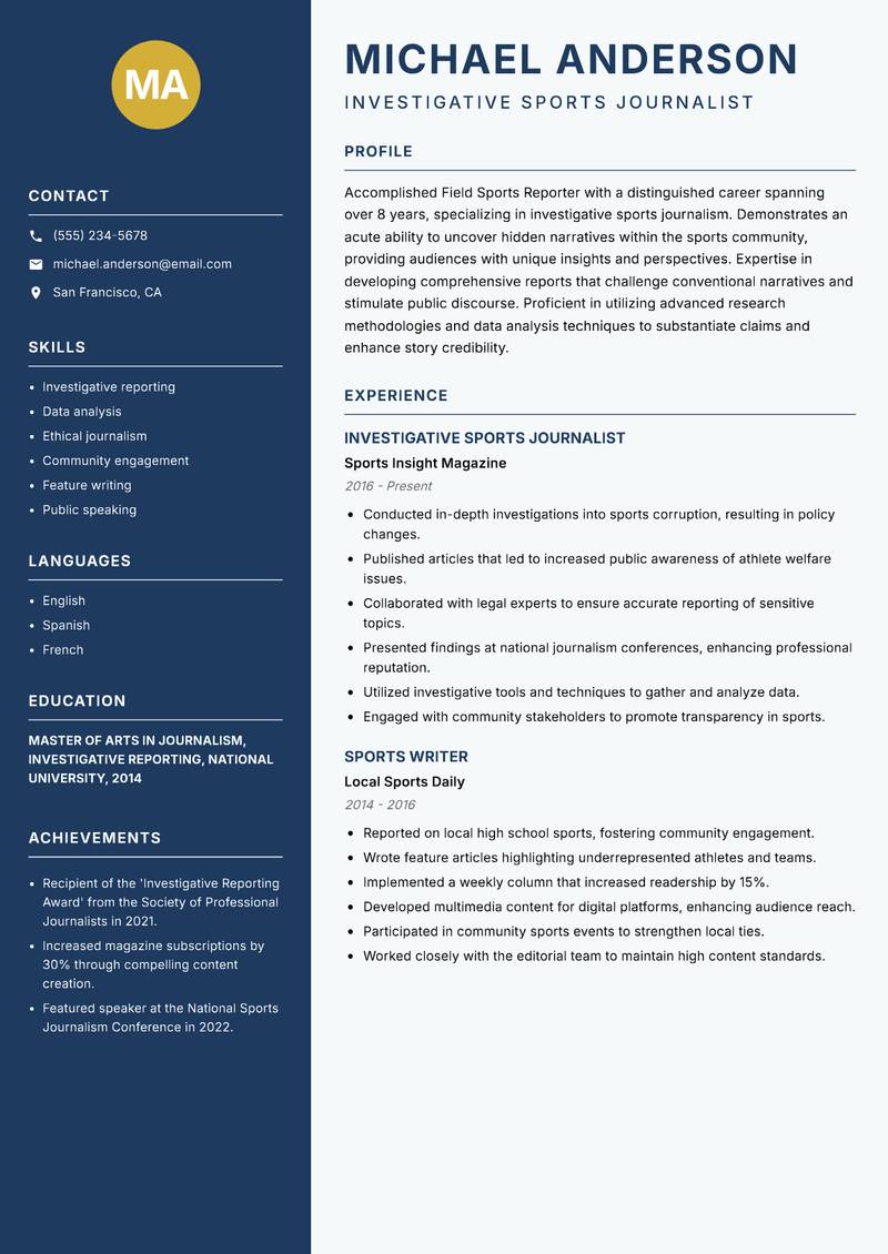 Field Sports Reporter resume template — Classic Clean