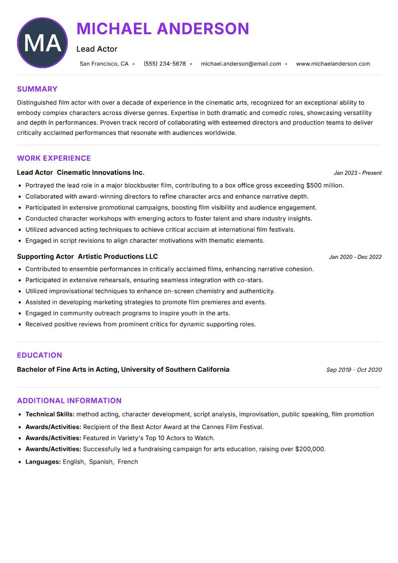 Film Actor resume example — ATS-friendly template