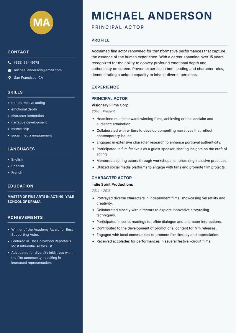 Film Actor resume template — Classic Clean