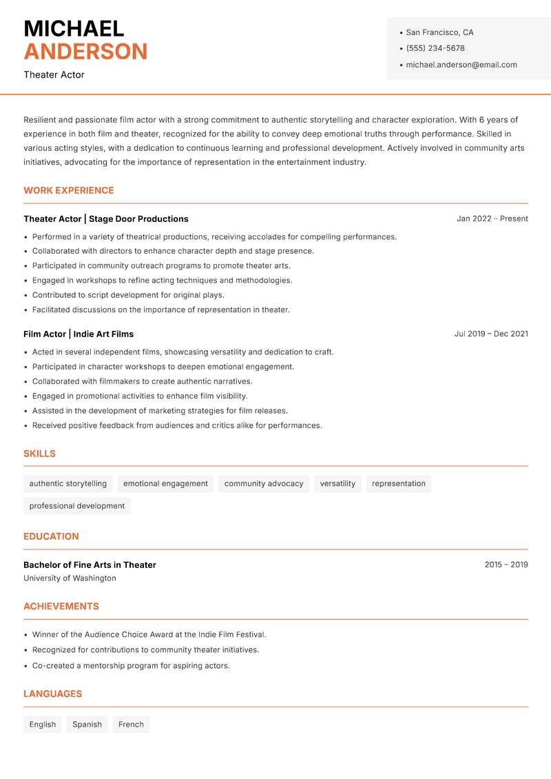 Film Actor resume template — Modern Professional