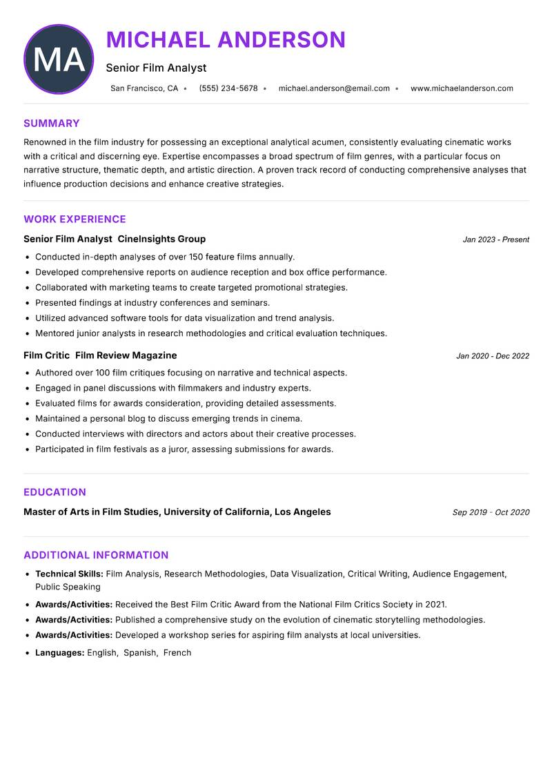 Film Analyst resume example — ATS-friendly template