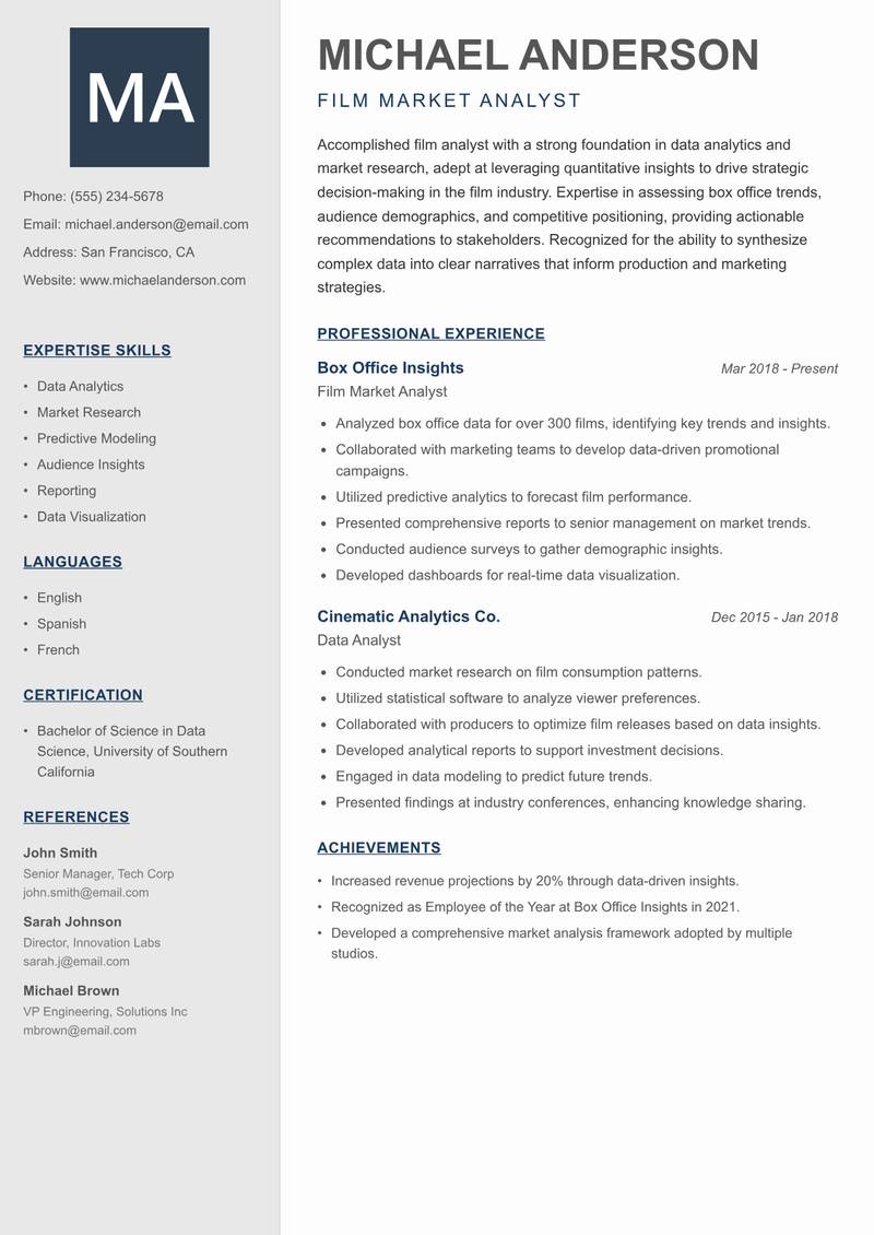 Film Analyst resume template — Creative Minimal