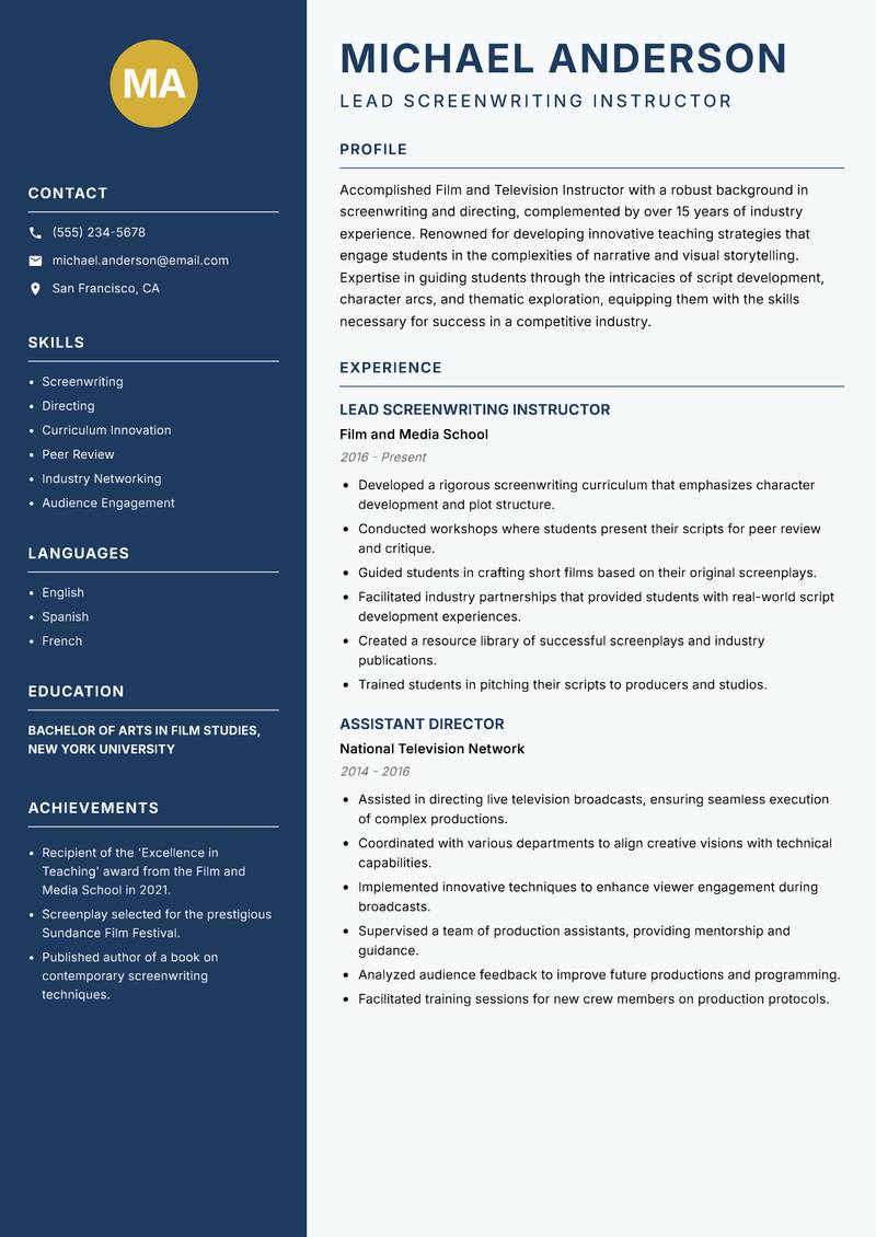 Film and Television Instructor resume template — Classic Clean