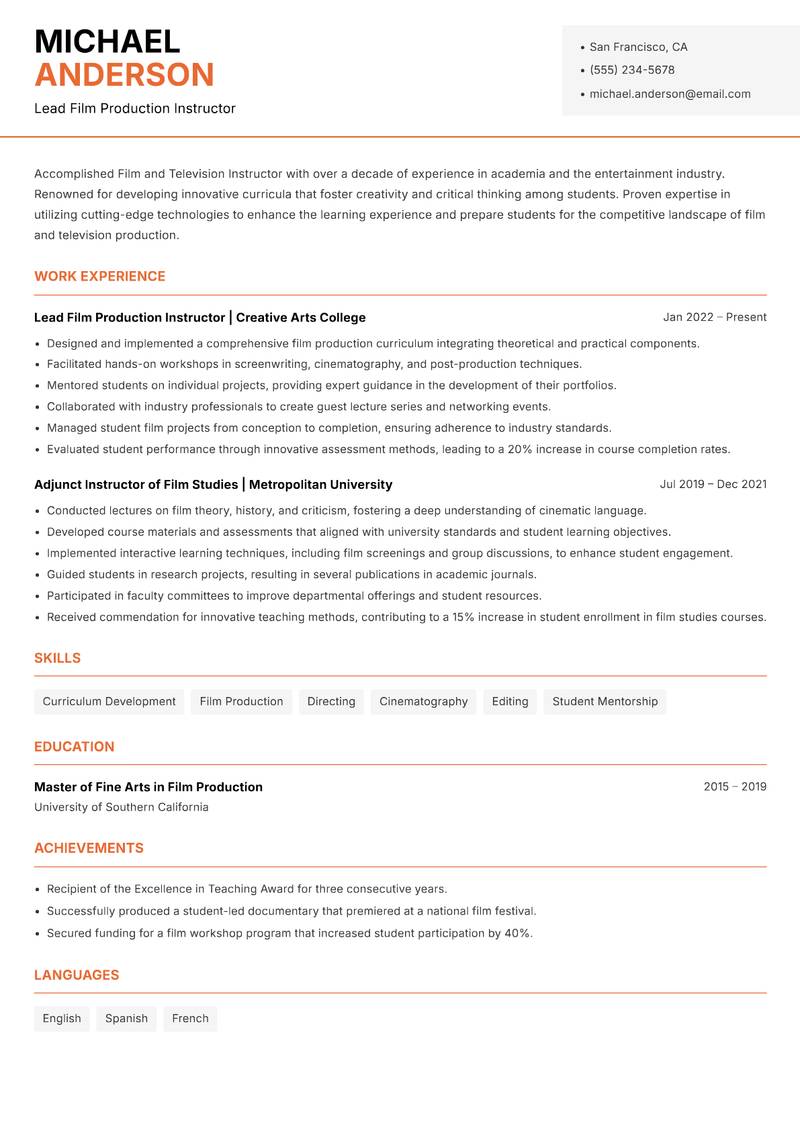 Film and Television Instructor resume template — Modern Professional