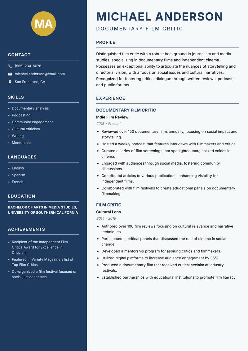 Film Critic resume template — Classic Clean