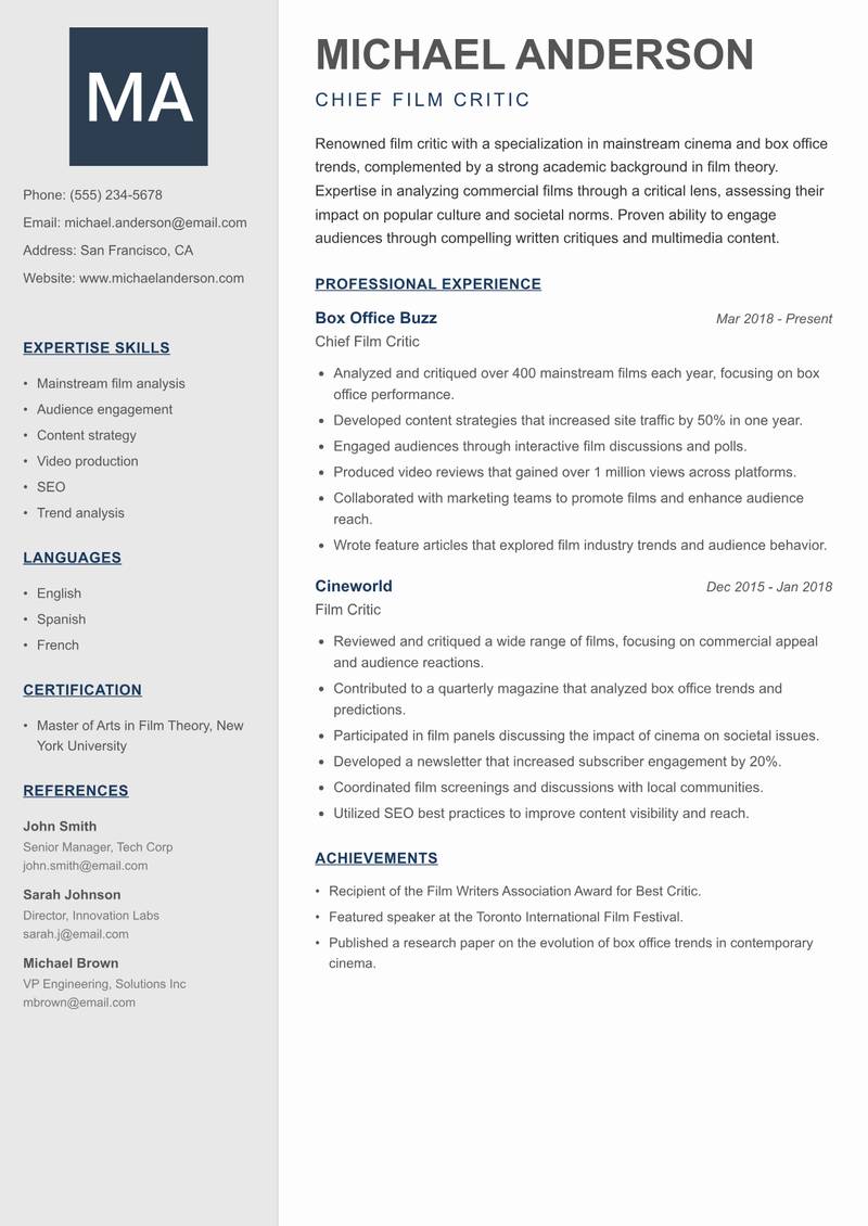 Film Critic resume template — Creative Minimal