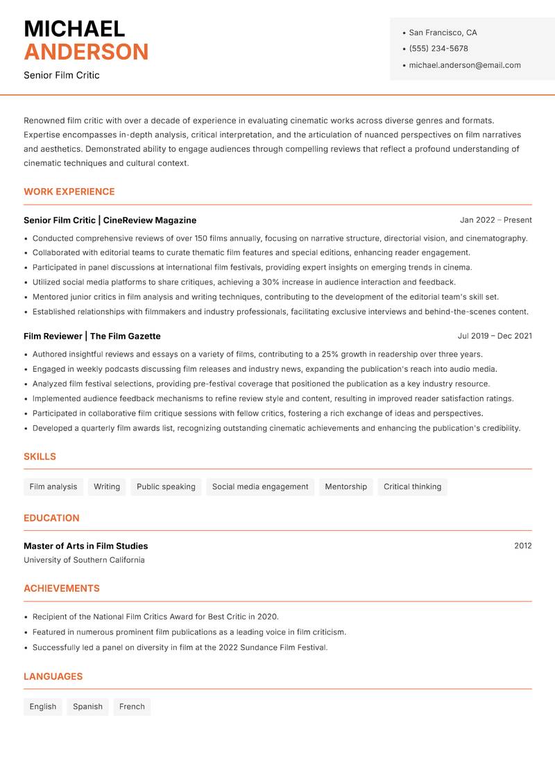 Film Critic resume template — Modern Professional