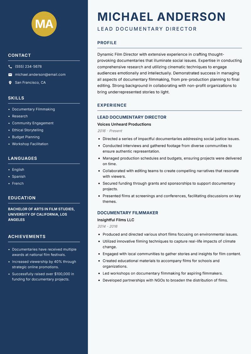 Film Director resume template — Classic Clean