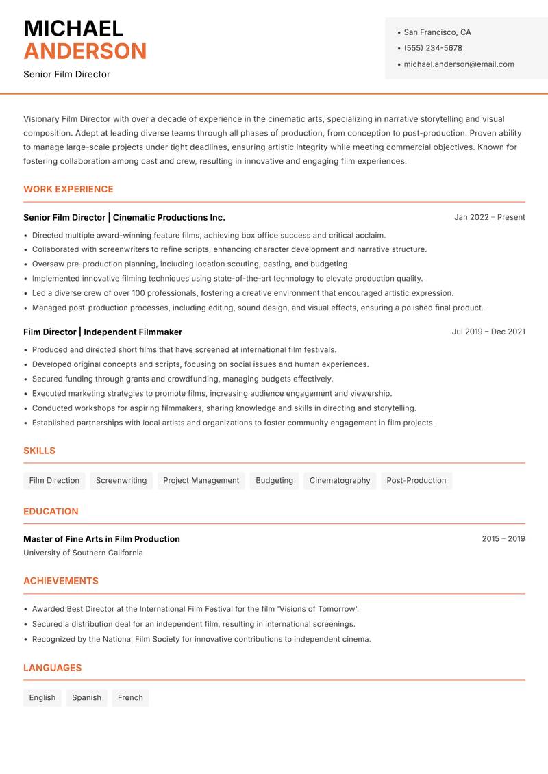 Film Director resume template — Modern Professional