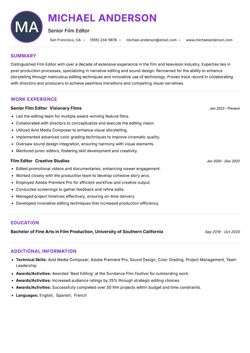 Film Editor resume example — ATS-friendly template