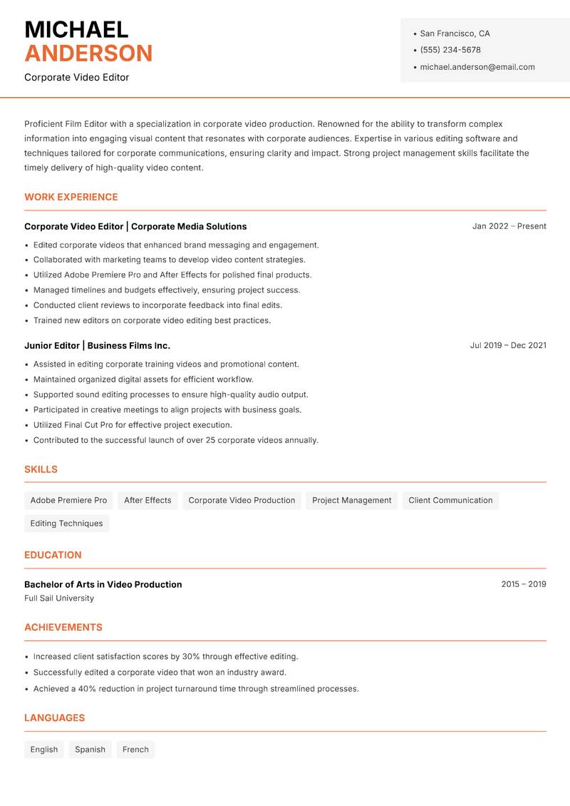 Film Editor resume template — Modern Professional