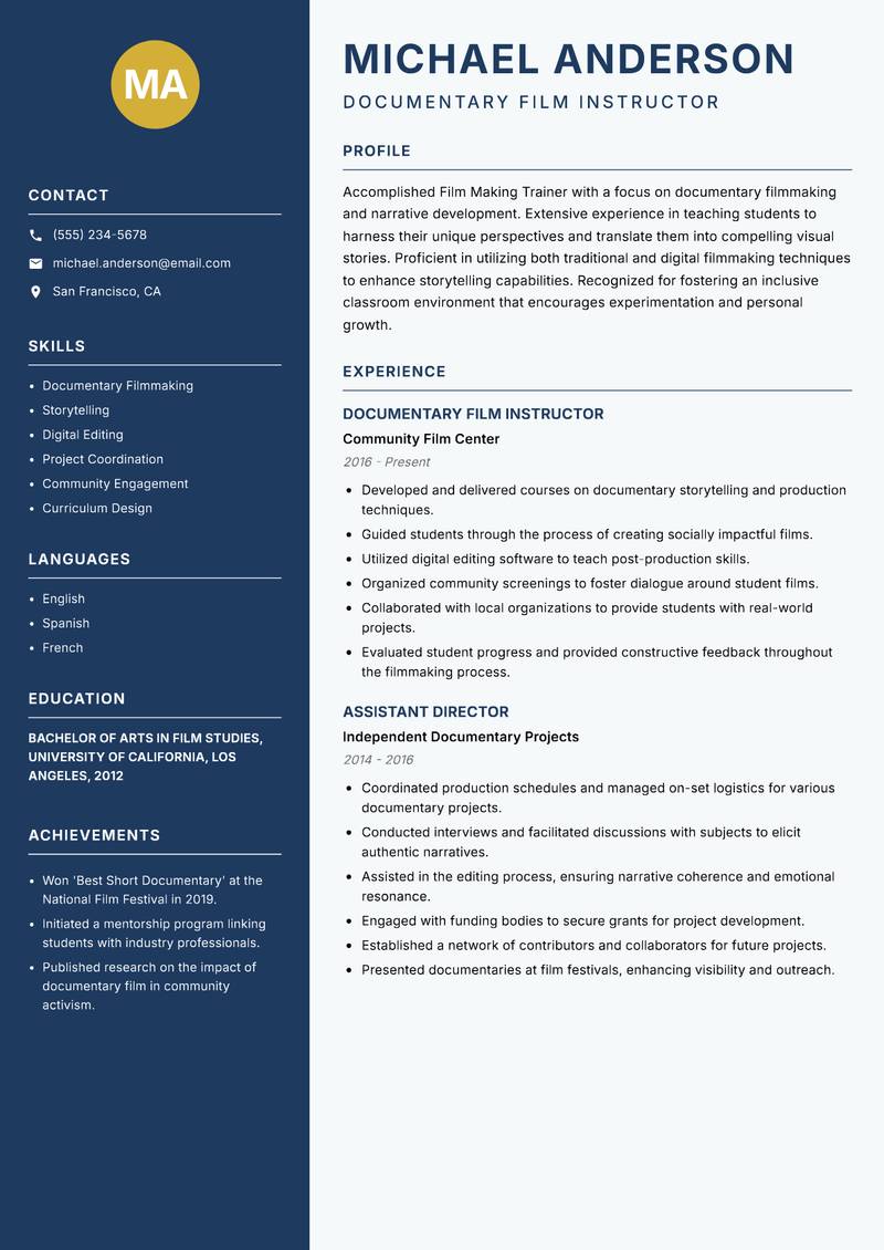Film Making Trainer resume template — Classic Clean