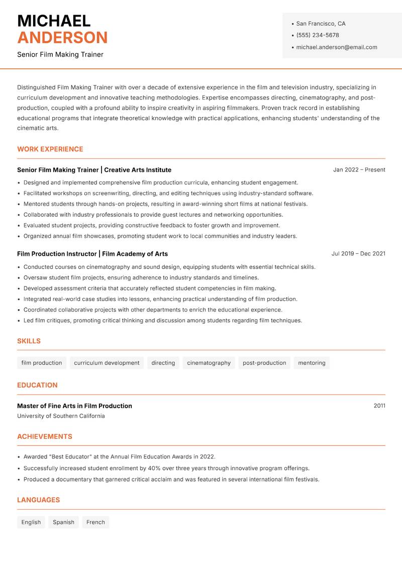 Film Making Trainer resume template — Modern Professional