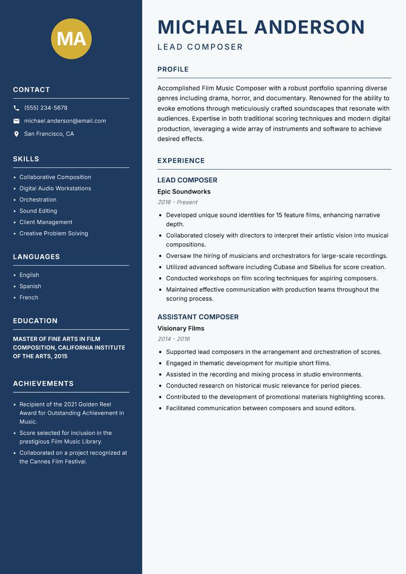 Film Music Composer resume template — Classic Clean
