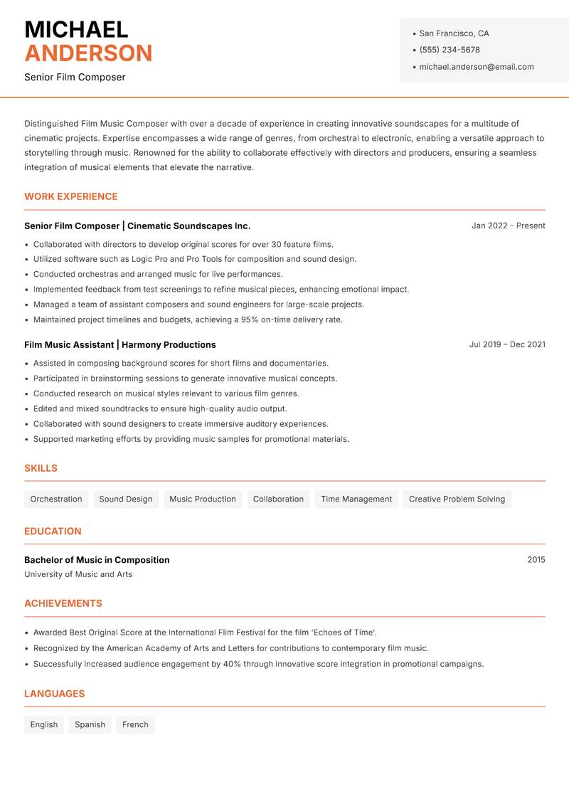Film Music Composer resume template — Modern Professional