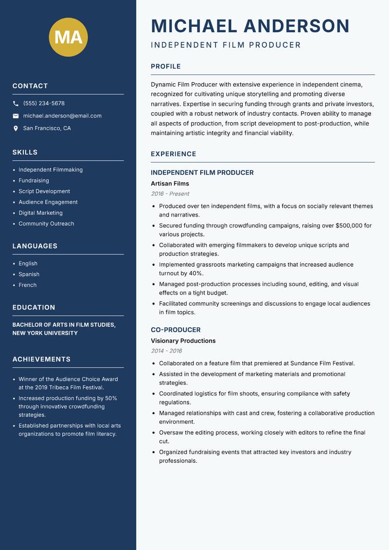 Film Producer resume template — Classic Clean
